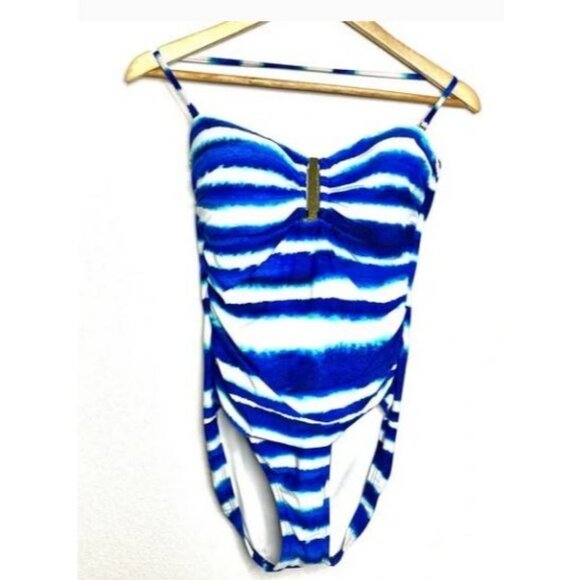 La Blanca One Piece White Blue Bandeau Cupped Ruched Swimsuit Size 10 - Picture 2 of 11
